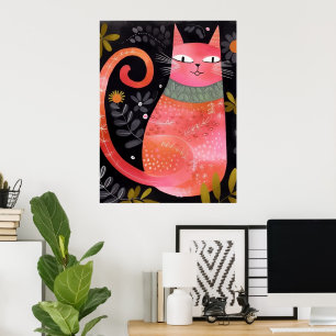 Affiche Chat rose floral mignon