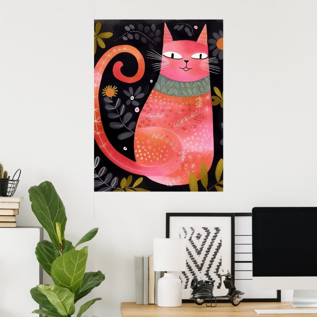 Affiche Chat rose floral mignon (Bureau à domicile)