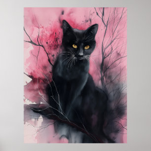 Affiche Chat rose Noir Abstrait Portrait Surréaliste Peint