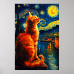 Affiche Chat roux contemplatif Ciel nocturne étoilé