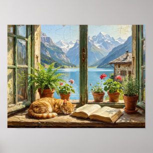 Affiche Chat roux endormi sur un rebord de fenêtre alpin
