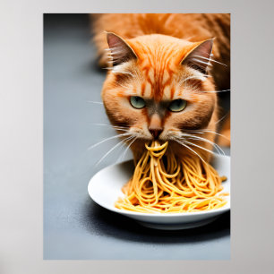 Affiche Chat roux mangeant des spaghetti