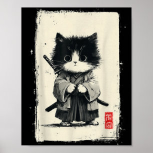 Affiche Chat Samouraï Art Japonais Sumi-e Nouveauté Kawaii