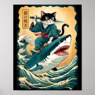Affiche Chat Samouraï Drôle Équitant Requin Chat Vintage A