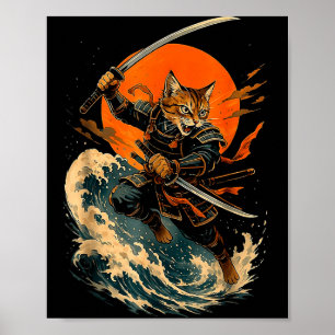 Affiche Chat Samouraï Gif d'anime de chat japonais vintage