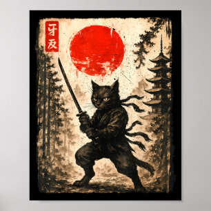 Affiche Chat Samouraï Japonais Graphique Anime pour Hommes