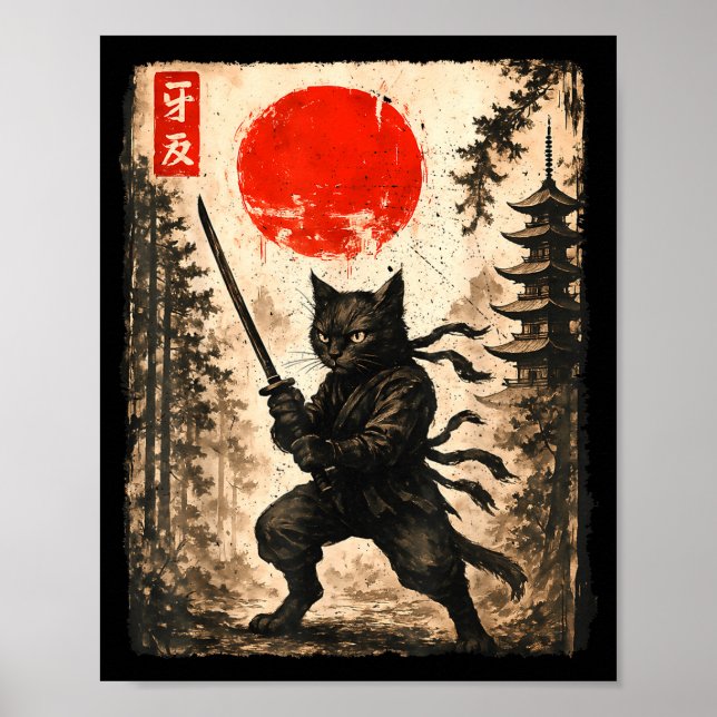 Affiche Chat Samouraï Japonais Graphique Anime pour Hommes (Devant)