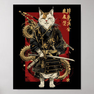 Affiche Chat Samurai Avec Dragon Kanji