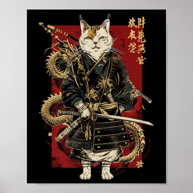 Affiche Chat Samurai Avec Dragon Kanji (Devant)