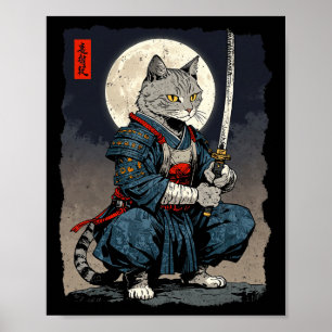 Affiche Chat Samurai Japonais Retro Chat Fighter Moon Ukiy