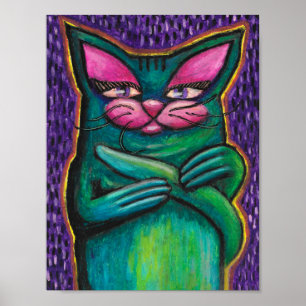 Affiche Chat sarcelle féminin au pastel à l'huile sur fond