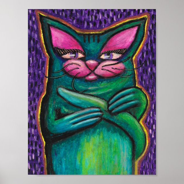 Affiche Chat sarcelle féminin au pastel à l'huile sur fond (Devant)