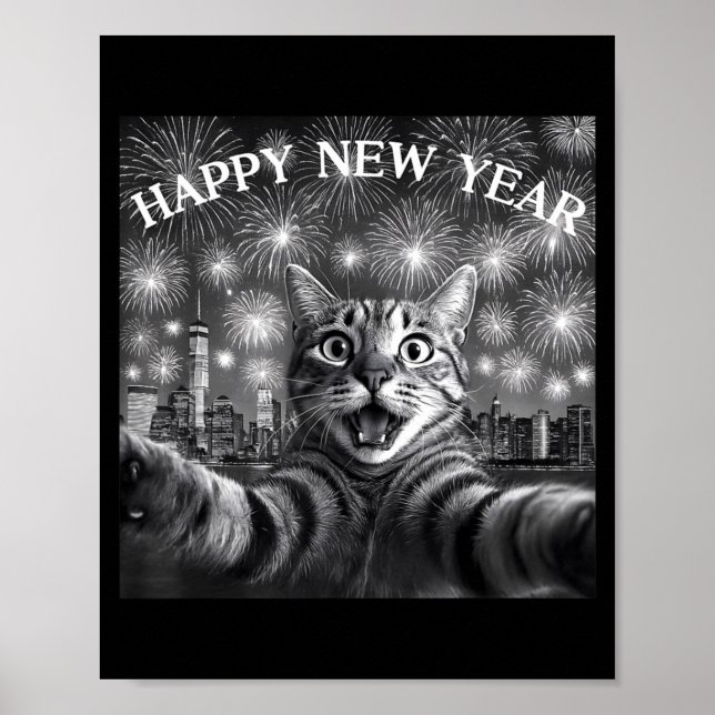 Affiche Chat selfie avec compte à rebours de feu d'artific (Devant)