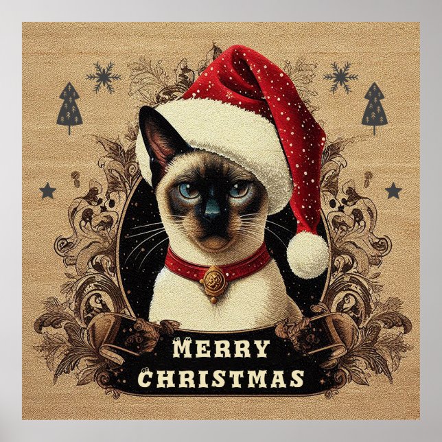 Affiche Chat Siamese, Noël Père Noël Kitten (Devant)