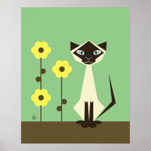 Affiche Chat Siamois Avec Fleurs