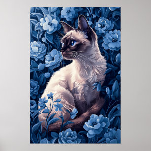 Affiche Chat siamois en Fleurs Bleues
