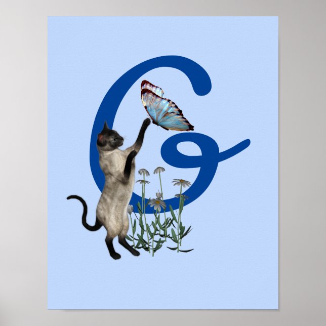 Affiche Chat siamois papillon fleurs monogramme initial G (Devant)