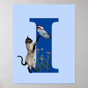 Affiche Chat siamois papillon fleurs monogramme initial I