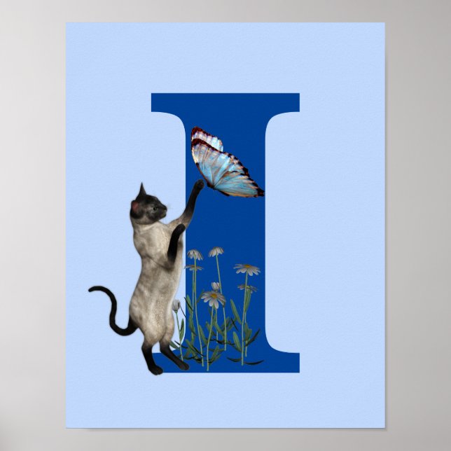 Affiche Chat siamois papillon fleurs monogramme initial I (Devant)