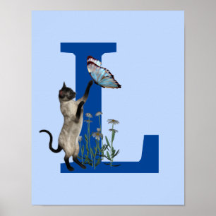 Affiche Chat siamois Papillon Monogramme Initiale L