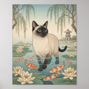 Affiche Chat siamois pataugeant dans un étang à carpes koï