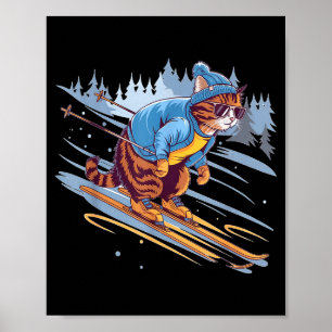 Affiche Chat skiant une pente enneigée drôle