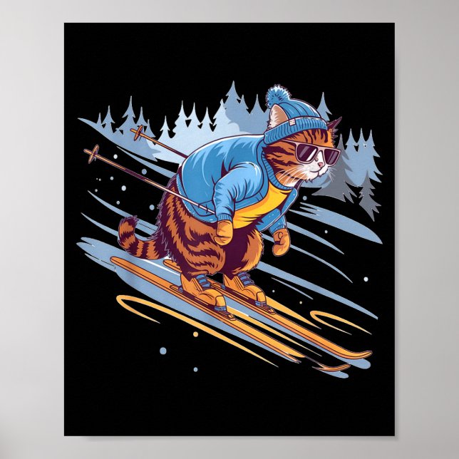 Affiche Chat skiant une pente enneigée drôle  (Devant)