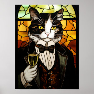 Affiche Chat smoking élégant de style vitrail