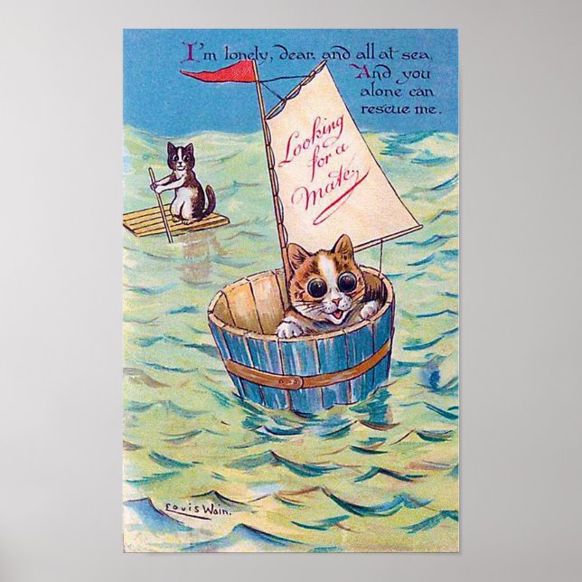 Affiche Chat solitaire en mer, Louis Wain (Devant)