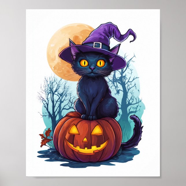 Affiche Chat sorcier sur une citrouille (Devant)