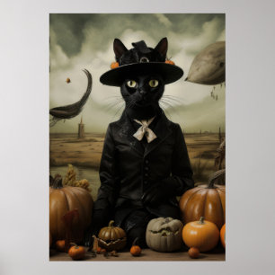 Affiche Chat sorcière avec citrouilles