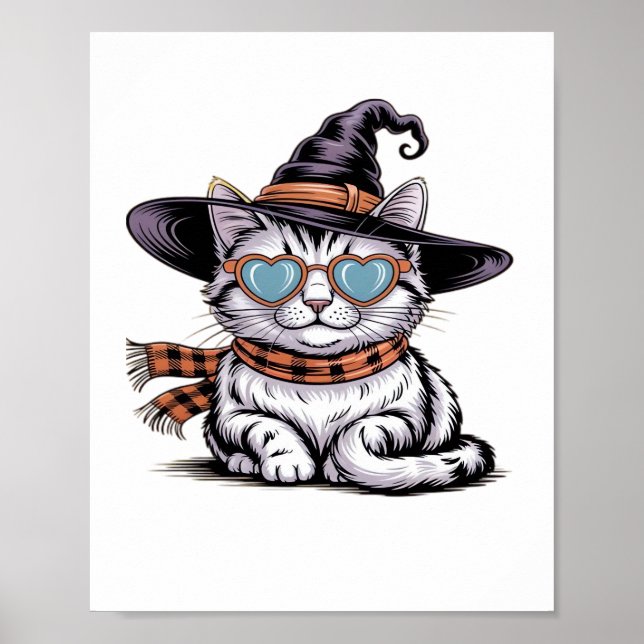 Affiche Chat sorcière cool - Cute Halloween Kitty avec coe (Devant)
