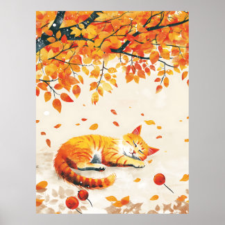 Affiche Chat Sous Feuilles, Cosy Art Décor Automne, Maison
