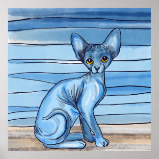 Affiche Chat Sphynx Aquarelle Bleu
