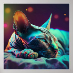 Affiche Chat Sphynx au repos dans une lumière sarcelle et 