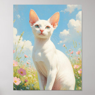 Affiche Chat Sphynx blanc et fleurs