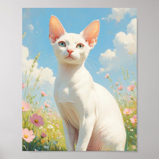 Affiche Chat Sphynx blanc et fleurs (Devant)