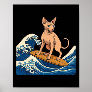 Affiche Chat Sphynx faisant du surf sur une vague japonais