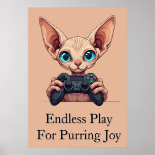 Affiche Chat Sphynx tenant une manette de jeu
