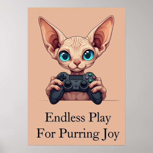 Affiche Chat Sphynx tenant une manette de jeu (Devant)