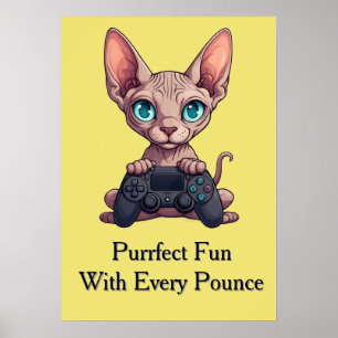 Affiche Chat Sphynx tenant une manette de jeu