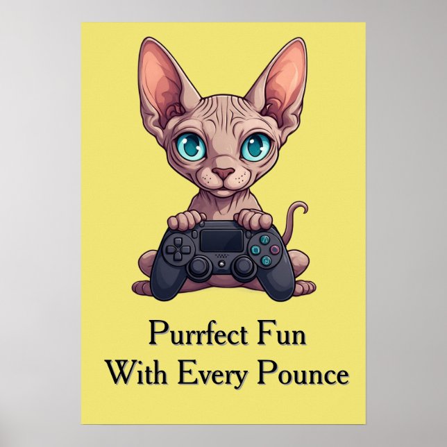 Affiche Chat Sphynx tenant une manette de jeu (Devant)