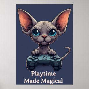 Affiche Chat Sphynx tenant une manette de jeu