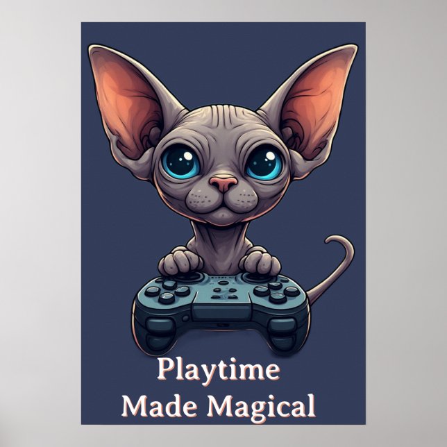 Affiche Chat Sphynx tenant une manette de jeu (Devant)