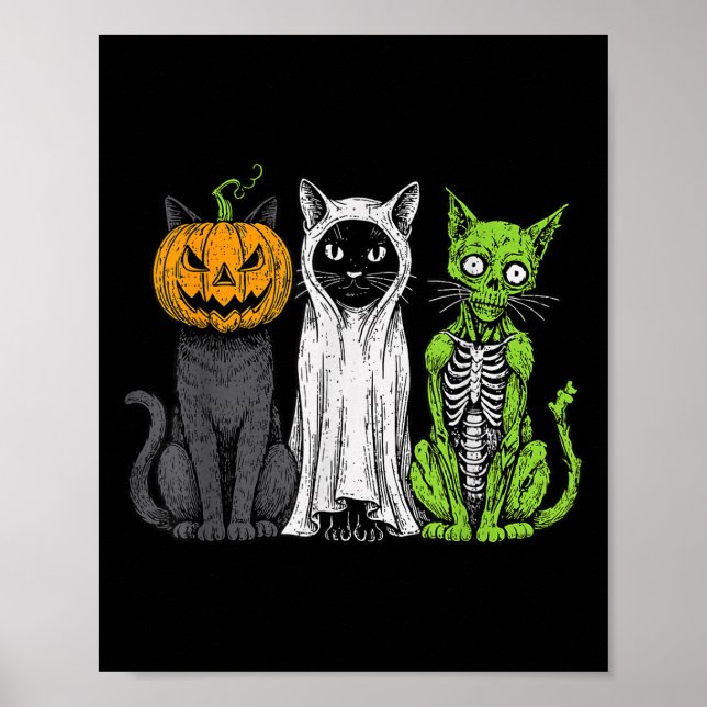 Affiche Chat squelette Citrouille Fantôme Halloween Kitty  (Devant)