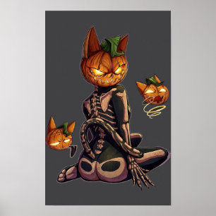 Affiche Chat squelette tête de citrouille gothique Hallowe