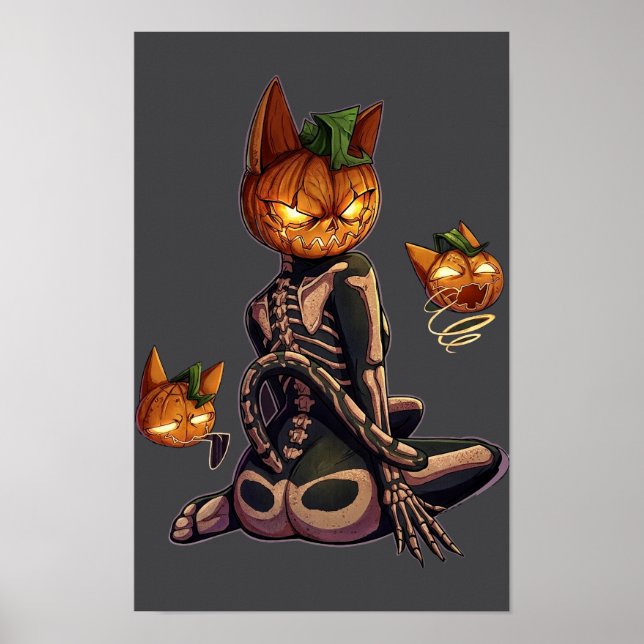 Affiche Chat squelette tête de citrouille gothique Hallowe (Devant)
