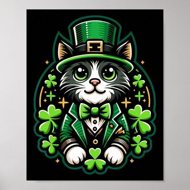 Affiche Chat St Patrick Fête du Trèfle Pour Hommes Femmes  (Devant)