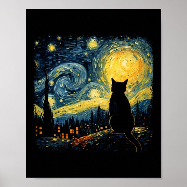 Affiche Chat Starry Nuit Van Gogh Chat pour Amoureux des c (Devant)