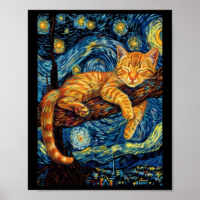 Affiche Chat Starry Nuit Van Gogh Chat pour Amoureux des c (Devant)